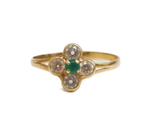 14k Yellow Gold Diamond and Emerald Flower Ring, Size 4.5