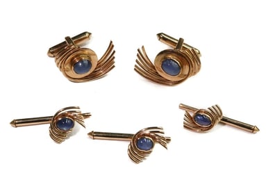 14k Yellow Gold and Cabochon Blue Star Cufflinks and Shirt Studs