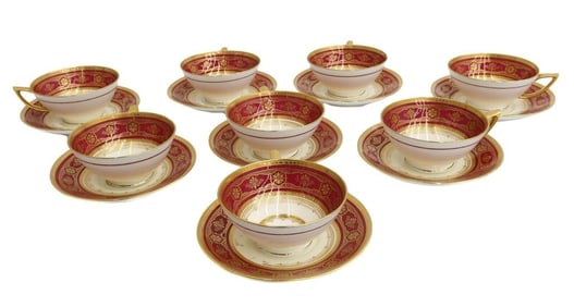 8 Minton England Porcelain Burgundy and Gilt Cup and Saucers circa 1930