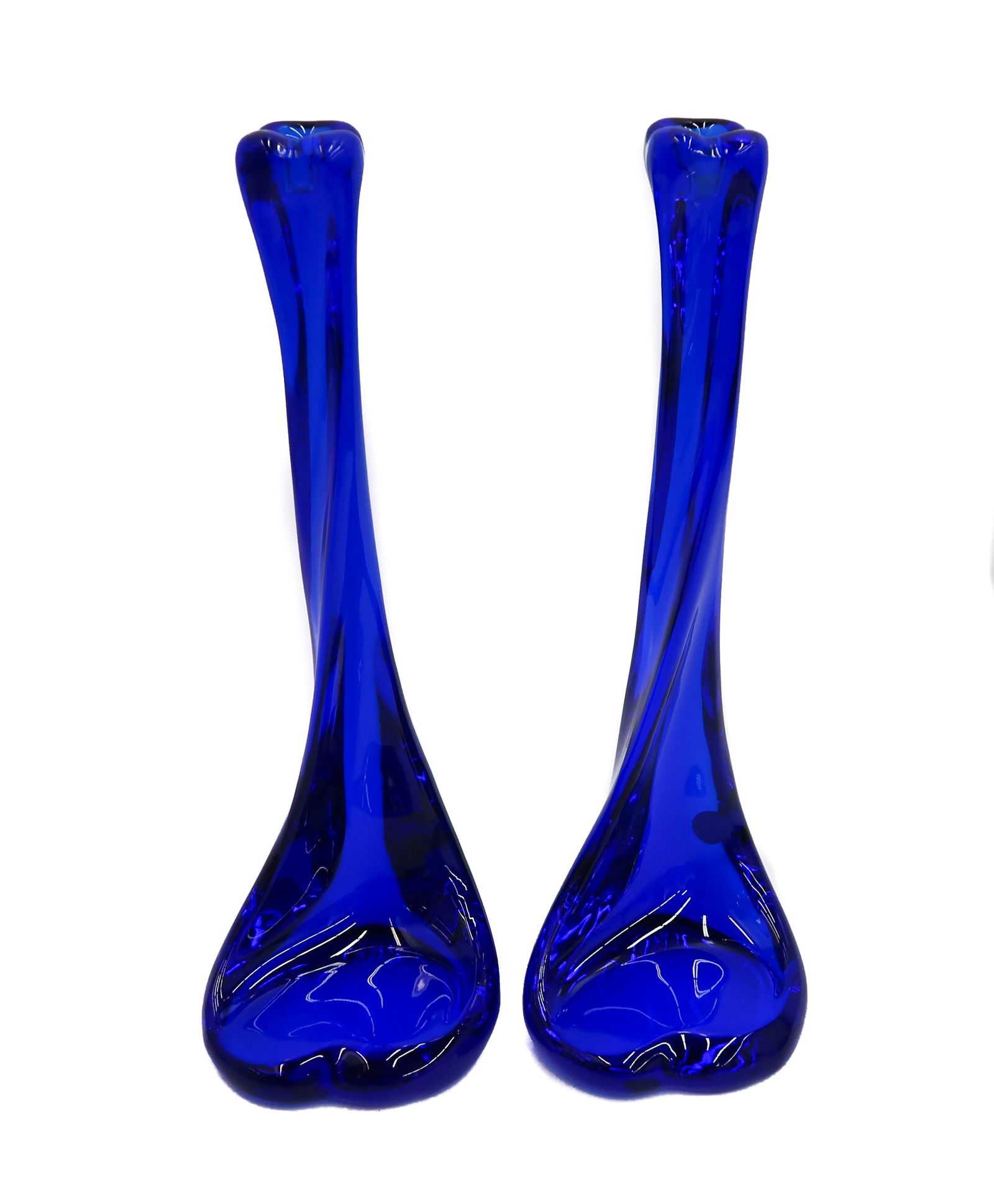 Pair Tiffany & Co Elsa Peretti Cobalt Blue Glass Bone Candlesticks: Pair Tiffany & Co Elsa Peretti Cobalt Blue Glass Bone Candlesticks. With original "Tiffany & Co. Made in Belgium" label towards base. Acid etched Tiffany Elsa Peretti mark to underside. Weight Approx.