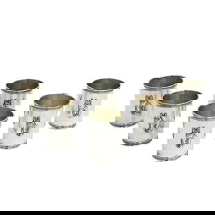 6 Benjamin Trees Sterling Silver Horse Mint Julep Cups for S. Penn & Sons c1950: 6 Benjamin Trees Sterling Silver Horse Mint Julep Cups, circa 1950. Applied horse head to center. Gold wash interior. Benjamin Trees sterling silver marks to underside, S. Penn & Sons retailer's marks
