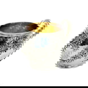 Black Starr & Frost American Sterling Silver Cup Mug Chrysanthemum 1902: Black Starr & Frost American Sterling Silver Cup Mug Chrysanthemum. Raised floral decoration, gilt interior. Engraved stylized monogram to the front, dedication to side dated May 27 1902. Underside ma