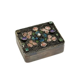 Austrian Silver Filigree Enamel and Stone Snuff Box early 20th century
