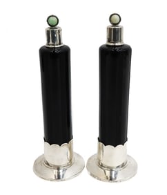 Pair International Sterling Silver Art Deco Jade Black Glass Perfume Bottles