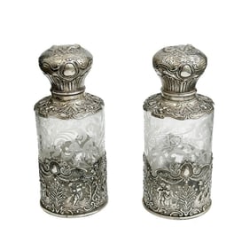 Pair Storck & Sinsheimer German Hanau Silver Etched Glass Perfume Bottles c 1900