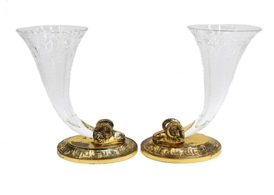 Pair Pairpoint Gilt Silverplate Ram Head Glass Cornucopia Vases circa 1940