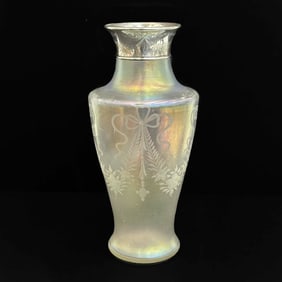 Gorham Sterling Silver Mounted Verre de Soie Iridescent Glass Vase 1919