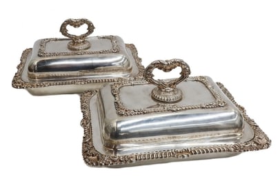 Pair George III Style Silverplate Rectangular Lidded Entree Dishes 20th Century