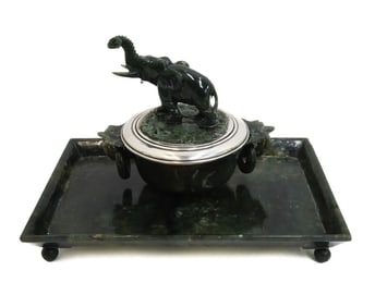 Yamanaka Lebkuecher Sterling Silver Spinach Green Jade Elephant Inkwell 20th C.