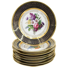 8 Feuillet Hand Painted Empire Porcelain Plates Florals circa 1820