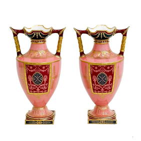 Pair Royal Crown Derby Hand Painted Porcelain Vases Pink Red Gilt 1893 (1 of 11)