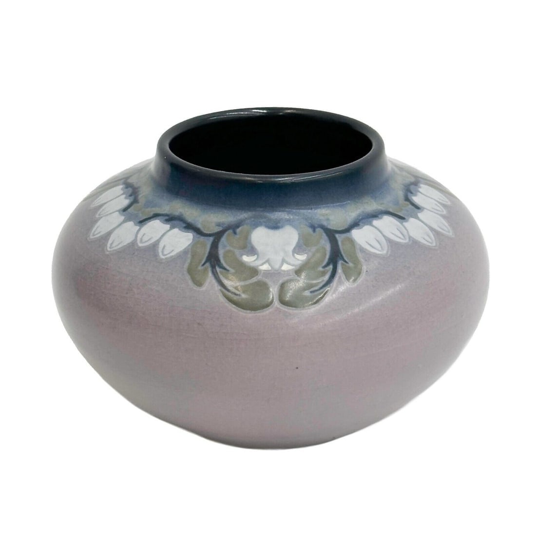 Rookwood Pottery Vellum Glazed Purple Vase by Sara Sax 1915 #1929 V: Rookwood Pottery Vellum Glazed Vase by Sara Sax, 1915. A purple ground decorated with white Dicentra spectabilis alba bleeding heart flowers. Underside with Rookwood pottery marks, artist's mark for S