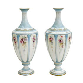 Pair Royal Worcester England Hand Painted Porcelain Urns Florals Blue circa 1895 (1 of 8)