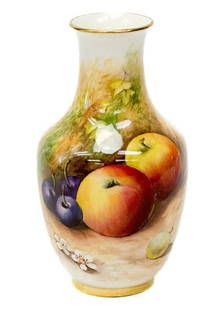 Royal Worcester Hand Painted Fruit Porcelain Miniature Vase Signed Moseley: Royal Worcester England Hand Painted Porcelain Vase, 1931. Vase with a white ground, hand painted fruit decoration to each side. Artist signed to the lower edge for George Moseley. Underside with Roya