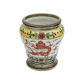Chinese Enameled Dragon Vase French Sterling Silver Mounts, circa 1850