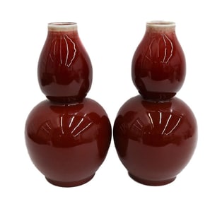 Pair Chinese Sang de Boeuf Oxblood Double Gourd Lamp Bases circa 1900