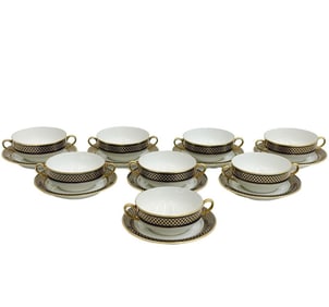 8 Bernardaud Limoges for Asprey Porcelain Bouillon Bowls & Underplates Carrousel