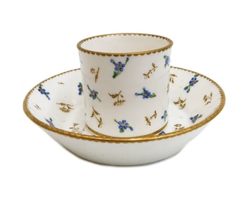 Sevres Porcelain Factory Hand Painted Floral and Gilt Cup and Saucer 1788