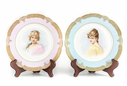 2pc Limoges France for Raphael Weill & Co Hand Painted Cabinet Plates, c1910