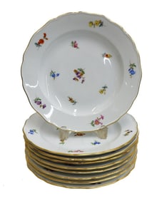 9 Meissen Germany Hand Painted Porcelain Floral Dinner Plates circa 1900