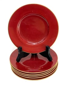 6 Minton England Porcelain Bread & Butter Plates, circa 1900. Red w Gold Trim