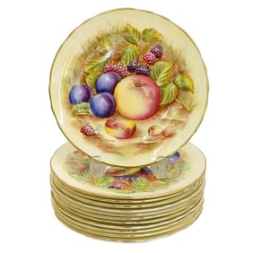 12 Aysnley England Gold Orchard Dessert Plates Artist Signed circa 1940