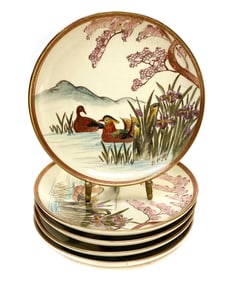 5 Japanese Satsuma Hand Painted Porcelain Bread & Butter Plates. Birds Mountains