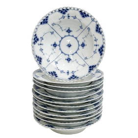 12 Royal Copenhagen Denmark Porcelain Fluted Full Lace Rimmed Soup Bowls c1820 (1 of 8)