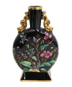 English Opaque Black Glass and Hand Painted Enamel Twin Handled Moon Flask Vase