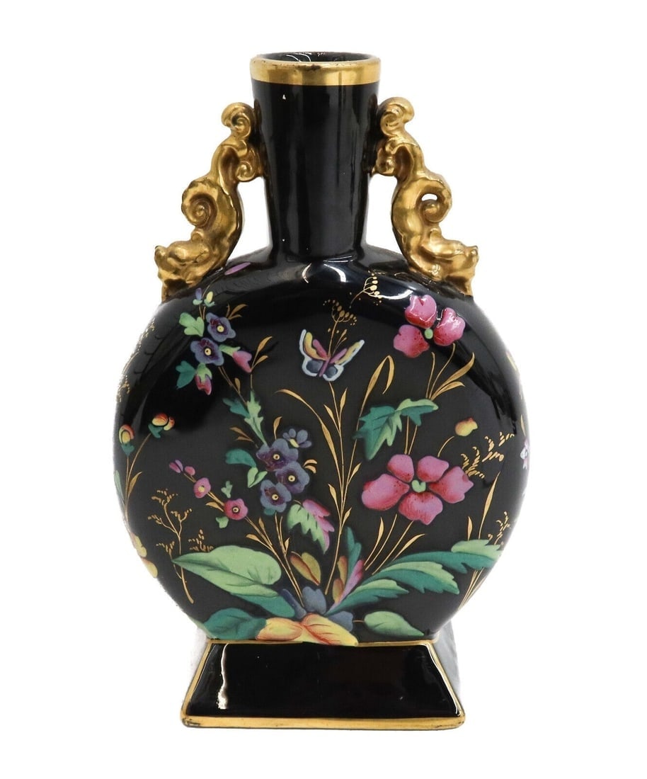 English Opaque Black Glass and Hand Painted Enamel Twin Handled Moon Flask Vase (1 of 7)