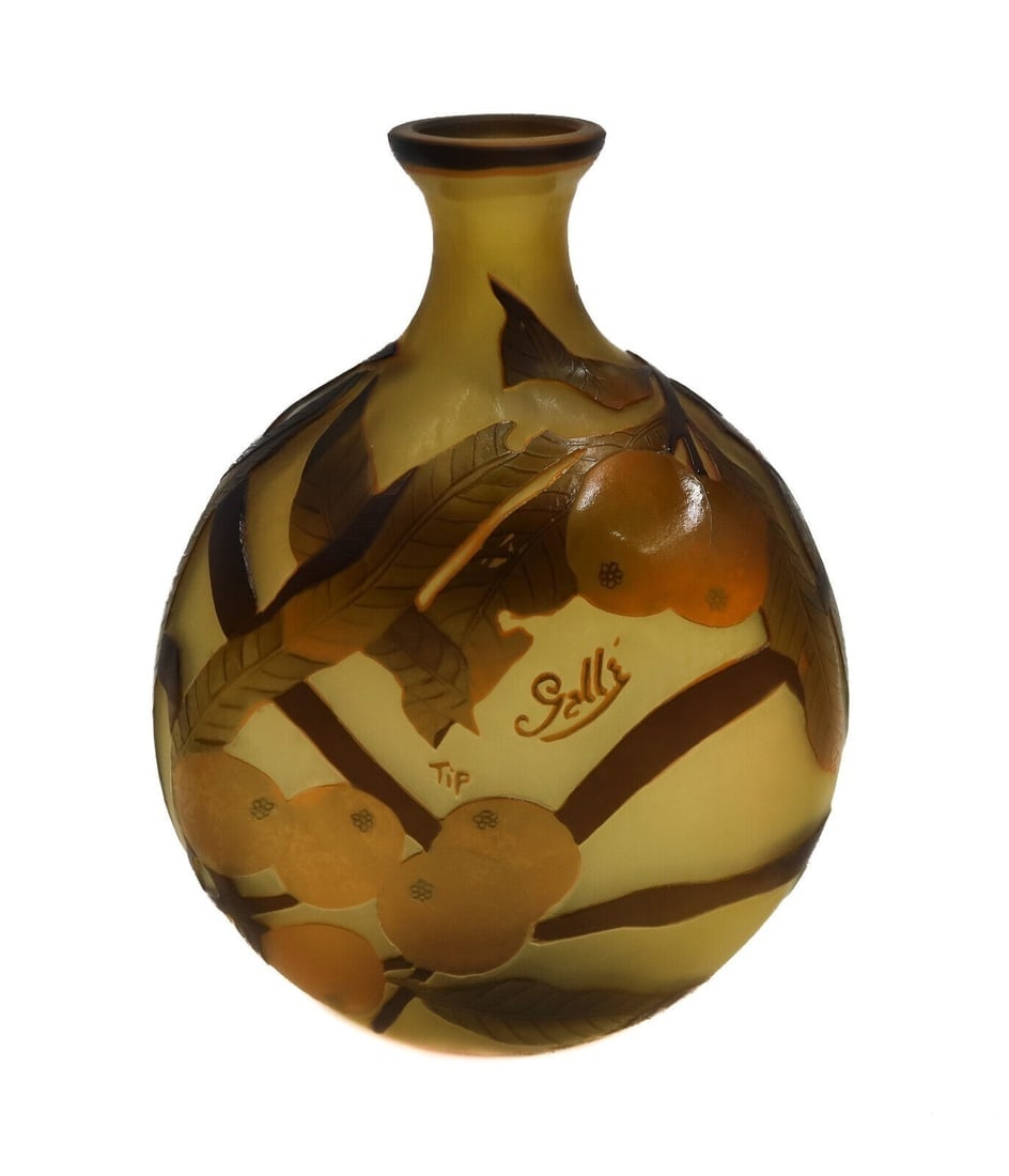Emile Galle Tip Acid Etched Yellow and Brown Oranges Moon Flask Vase 20th C (1 of 9)