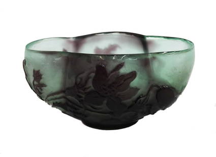 Emile Galle France Art Glass Fire Polished Teal and Amethyst Orchid Bowl c1900: Emile Galle France Art Glass Fire Polished Teal and Amethyst Orchid Bowl circa 1900. Teal ground with amethyst purple orchid overlay. Engraved scripted Galle signature to underside. Weight: Approx. 2