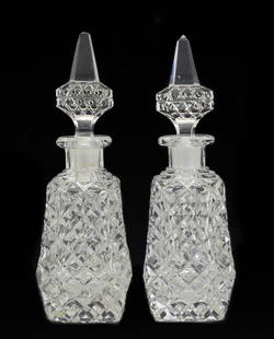 Pair of Czech Crystal Perfume Bottles, c1950 Deeply Hand Cut & Polished: Pair of Czech Crystal Perfume Bottles, c1950 Deeply Hand Cut & polished Crystal w/ long droppers. Marked Made in Czechoslovakia. Weight 2 pounds Measurements: Approx. 2.25 inches x 2.25 inches x7.25 i