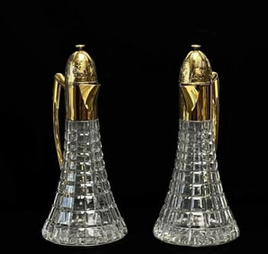 Pair Sarah Jones England Gilt Sterling Silver Mounted Cut Glass Ewers or Carafes