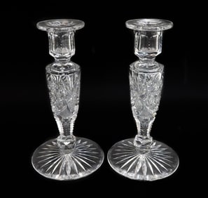 Pair American Brilliant Cut Glass Etched Candleholders 1st Half 20th Century