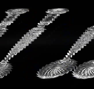 Pair American Brilliant Cut Glass Etched Candleholders 1st Half 20th Century: Pair American Brilliant cut glass etched Candleholders, 1st Half 20th Century. Etched diamonds and pineapple leaves with a starburst underside. Weight: Approx. 2 lbs Measurements: Approx. 4.25 inches