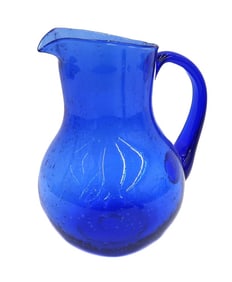 French Blown Cobalt Blue Controlled Bubble Pitcher  20th Century