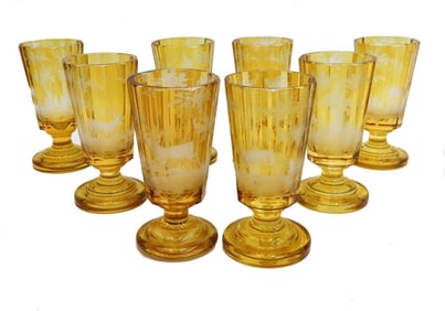 8 Bohemian Amber Cut to Clear Glass 5.75 inch Wine Goblets Fauna Scene c1900