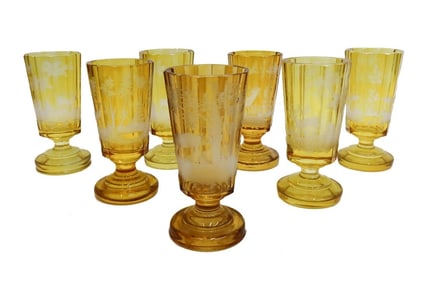 7 Bohemian Amber Cut to Clear Glass 5.5 inch Wine Goblets Fauna Scene c1900