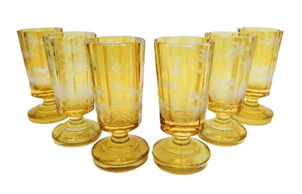 6 Bohemian Amber Cut to Clear Glass 6 inch Wine Goblets Fauna Scene c1900