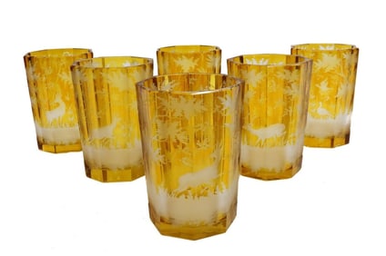 6 Bohemian Amber Cut to Clear Glass Tumblers Fauna Scene circa 1900