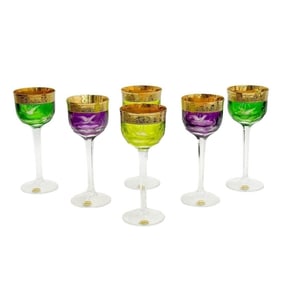 6 Moser Colored Glass Hock Wine Glasses Engraved Birds of the Wild