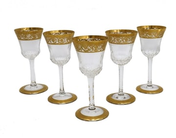 5 Saint (St) Louis France Cut Glass Cordial Wine Goblets in Gold Thistle