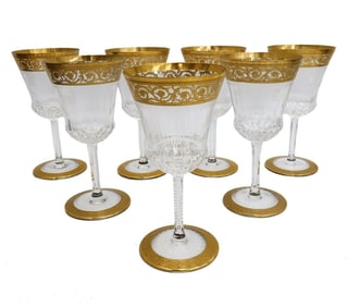 7 Saint (St) Louis France Cut Glass 7in Continental Wine Goblets in Gold Thistle