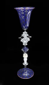 Charles Paul Savoie (US 20th C) Venetian Tall Latticino Art Glass Goblet Signed