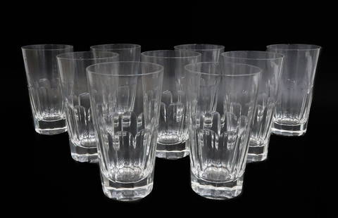 9 Tiffany Cut Glass Tumbler Goblets Lobed Panel Signed: 9 Tiffany & Co. Cut glass tumbler goblets. Cut lobed panels. Marked Seneca Tiffany to underside. The tumblers possibly produced by Seneca and retailed by Tiffany. Weight: Approx. 9 lbs Measurements: A