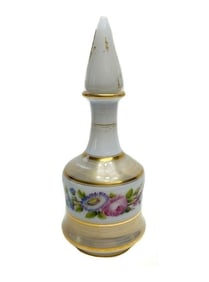 Opaline Hand Painted Floral Decanter with Gilt Decorations & Pointed Stopper