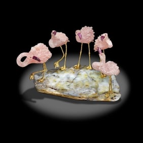 Luis Alberto Quispe Aparicio Quartz Carving Group of Flamingos Blue Opal Base