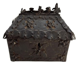 Victorian Gothic Revival Patinated Iron-mounted Oak Casket, 19th Century