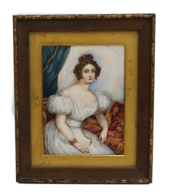 European Hand Painted Watercolor on Thick Panel Portrait of a Beauty 19th Cent